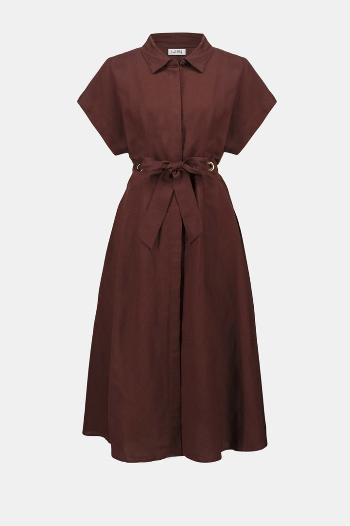 Linen Blend Fit and Flare Shirt Dress in Mahogany by Joseph Ribkoff in Mahogany / S