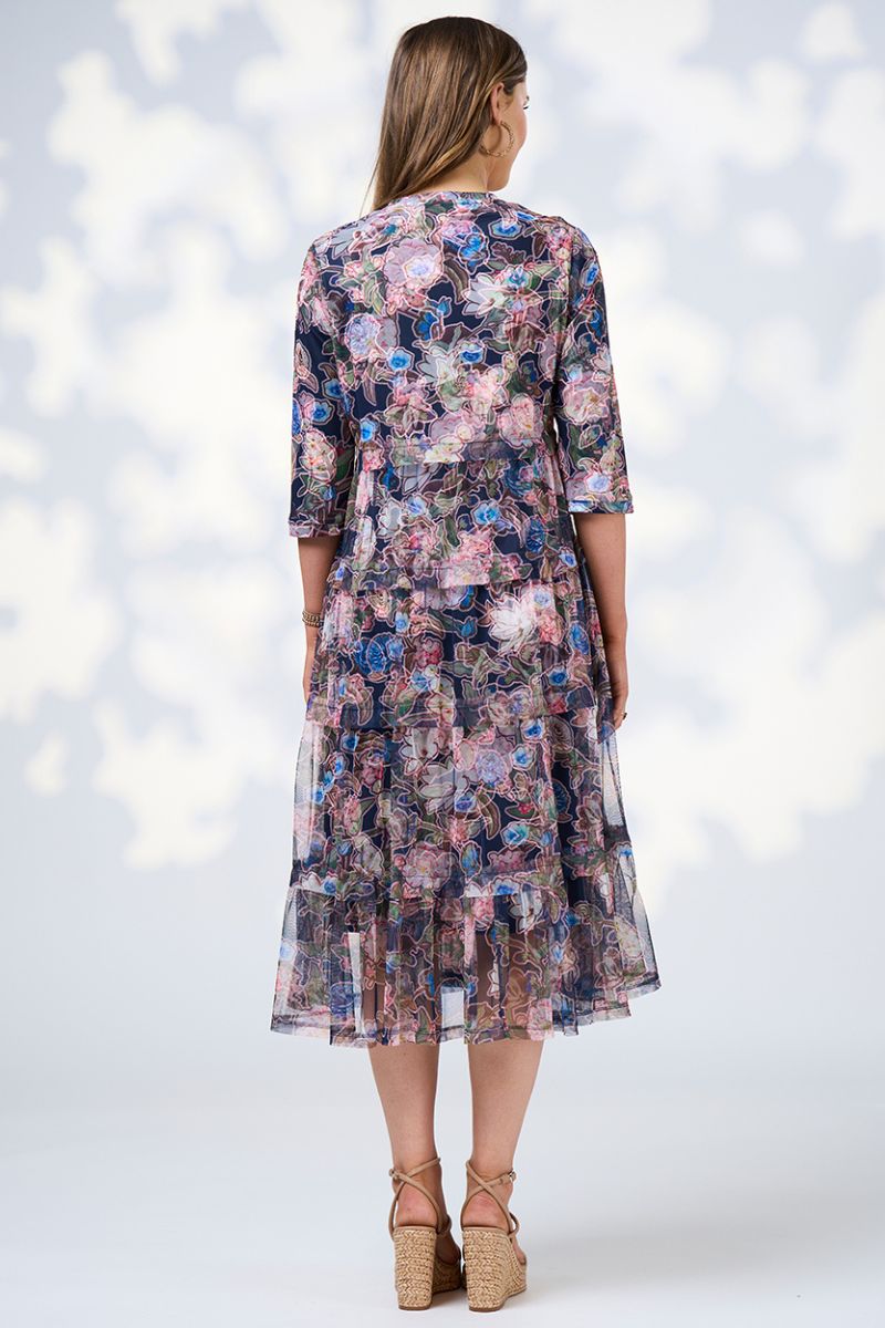 Back view of a Woman wearing a floral dress against a white background