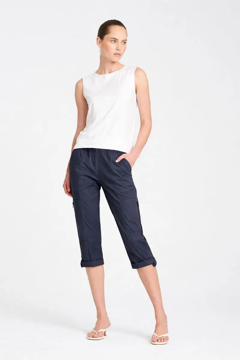 Woman wearing cropped zip cargo in canyon F65-1386 front view