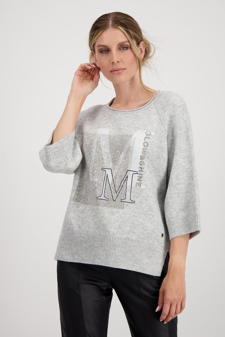 Rhinestone Adorned 3/4 Sleeve Sweater 807127MNR in Ash Melange by Monari