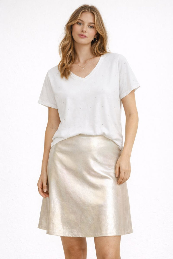 White V Neck Decorated T-Shirt with Silver Stitching by Mos Mosh in XS / White