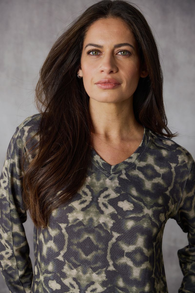 Woman wearing Scope Top in Scope Print by Lania the Label NLA3917 neckline detail