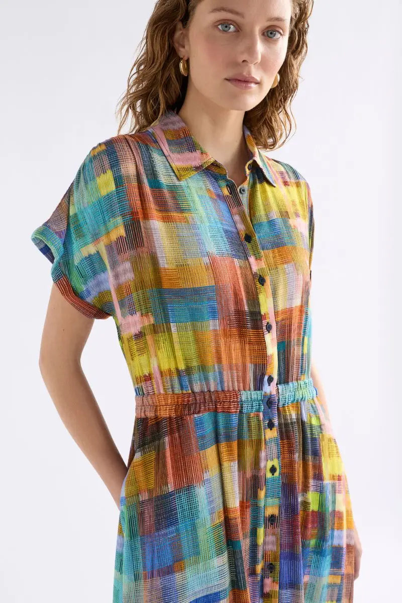 Woman wearing Elk the Label A1424 Elbrus print shirt dress detail