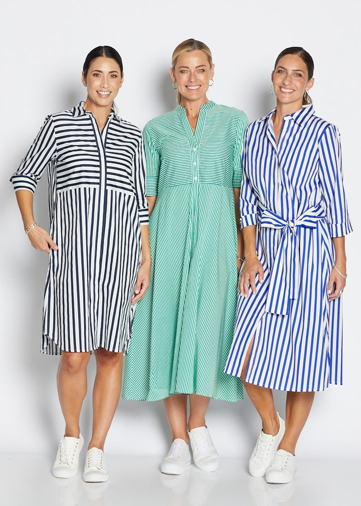 Sierra 3/4 Shirt Dress In 3 Colourway Stripes By Philosophy in Cobalt Wide Stripe / 8
