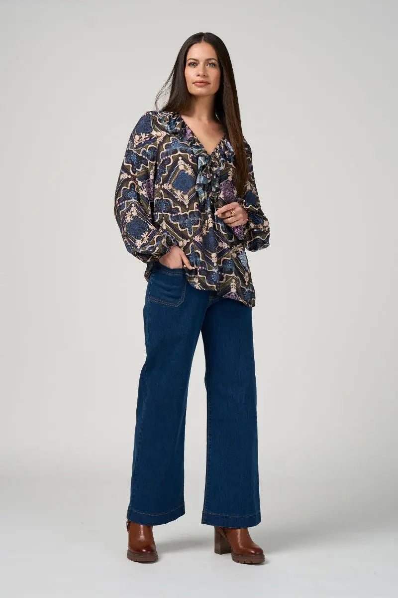 Woman wearing Loobies Story Regalia Blouse olive multi LS3200 front view