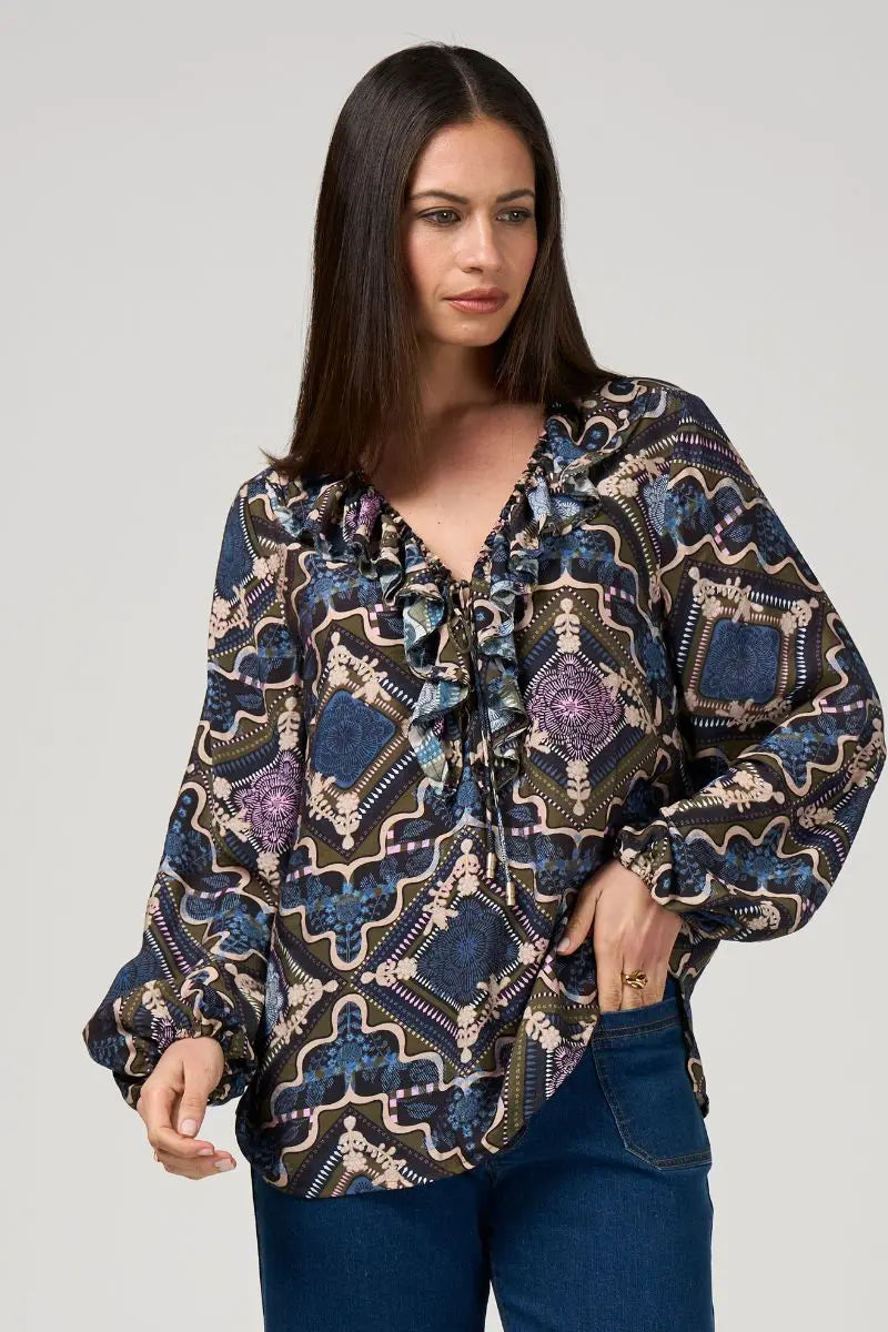 Regalia Blouse in Olive Multi by Loobie's Story