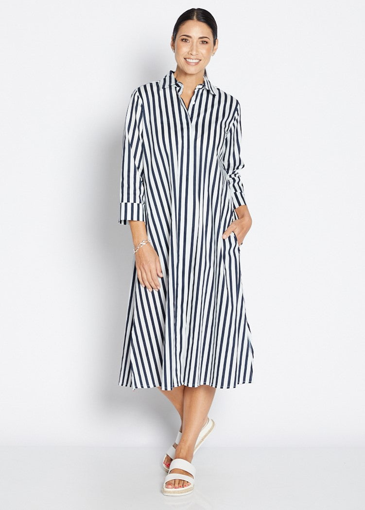 Keira Shirt A-line dress in navy and white wide stripes by philosophy