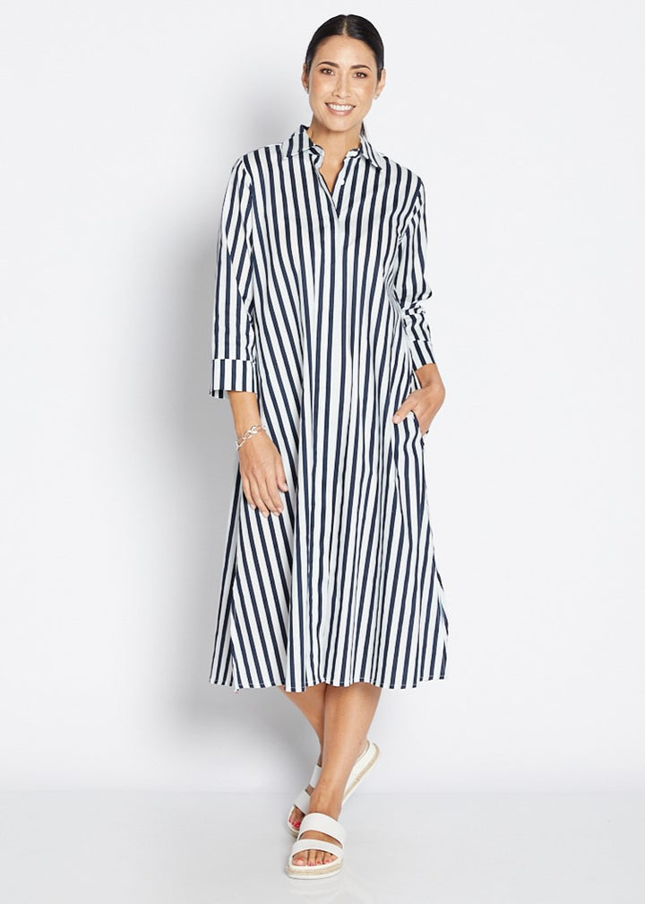 Keira 3/4 Shirt Dress In Navy  Wide Stripe By Philosophy in Indigo Wide Stripe / 8