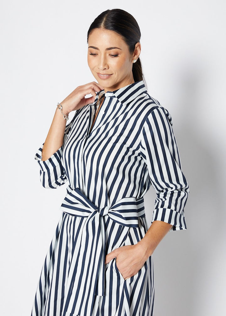 Keira 3/4 Shirt Dress In Navy  Wide Stripe By Philosophy in Indigo Wide Stripe / 8