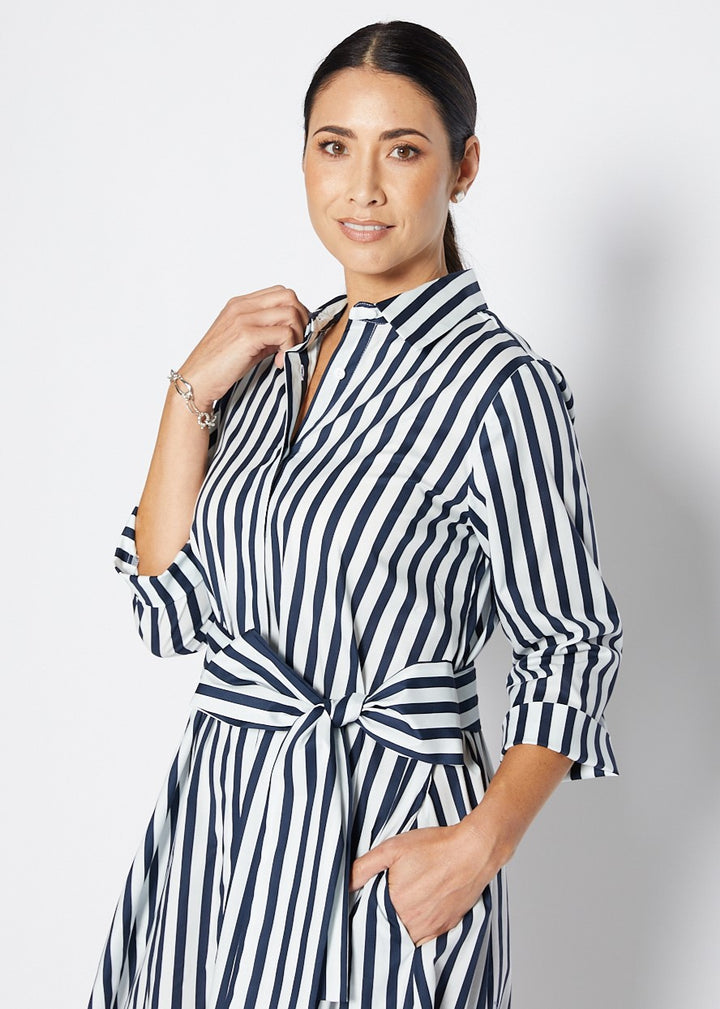 Keira 3/4 Shirt Dress In Navy  Wide Stripe By Philosophy in Indigo Wide Stripe / 8