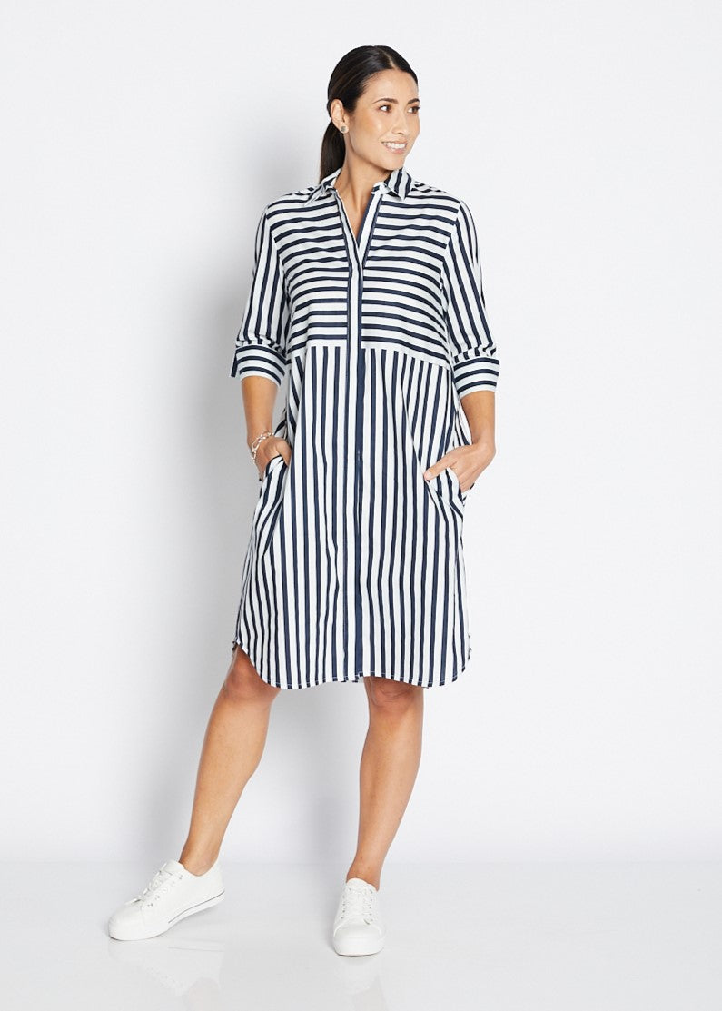 Sierra Philosphy Dress in the Navy Wide Stripe