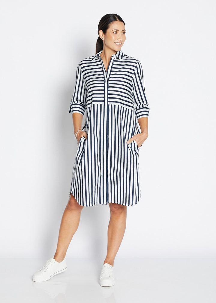 Sierra 3/4 Shirt Dress In 3 Colourway Stripes By Philosophy in Cobalt Wide Stripe / 8
