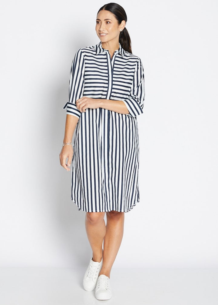 Sierra 3/4 Shirt Dress In 3 Colourway Stripes By Philosophy in Cobalt Wide Stripe / 8