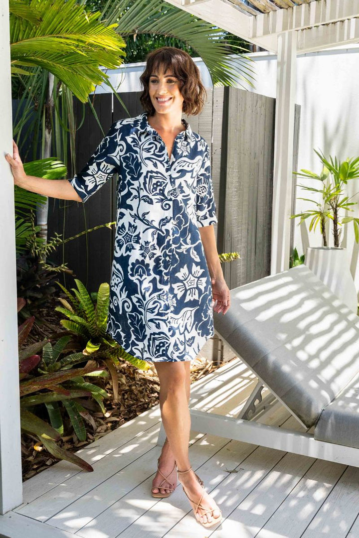 Vine Print Linen Shirt Maker Dress in Navy by See Saw in Print / 10