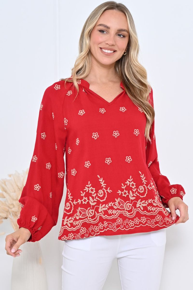Shelley Blouse with embroidery and V neck Red