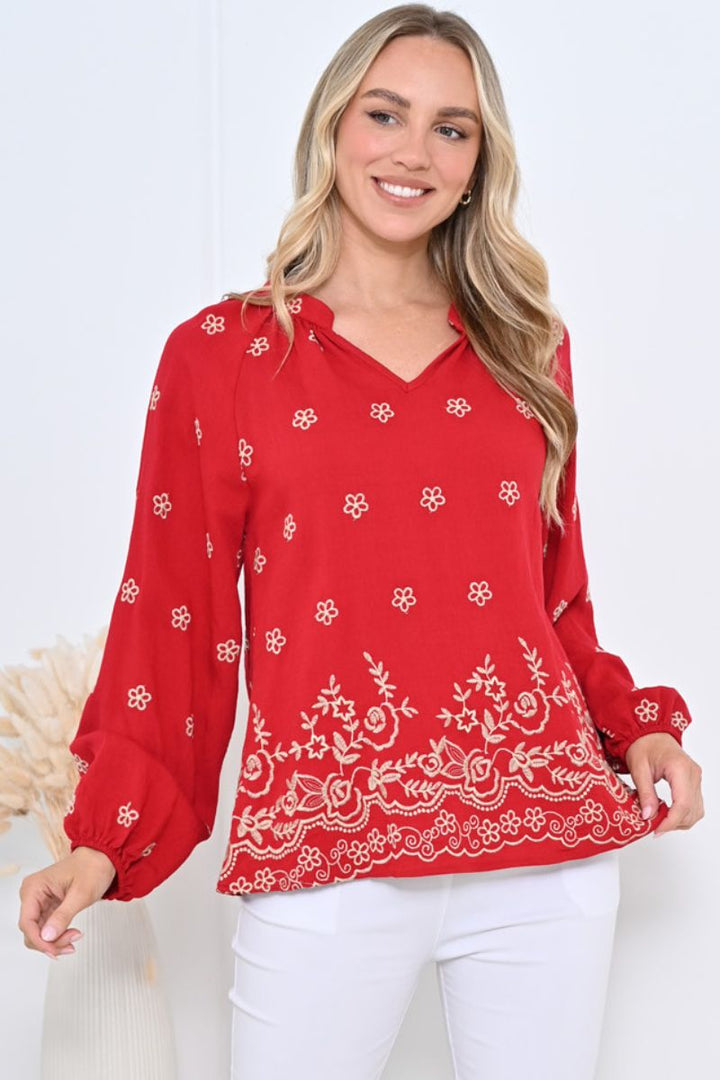 Weekends Shelley Blouse with embroidery and V neck Red in 8