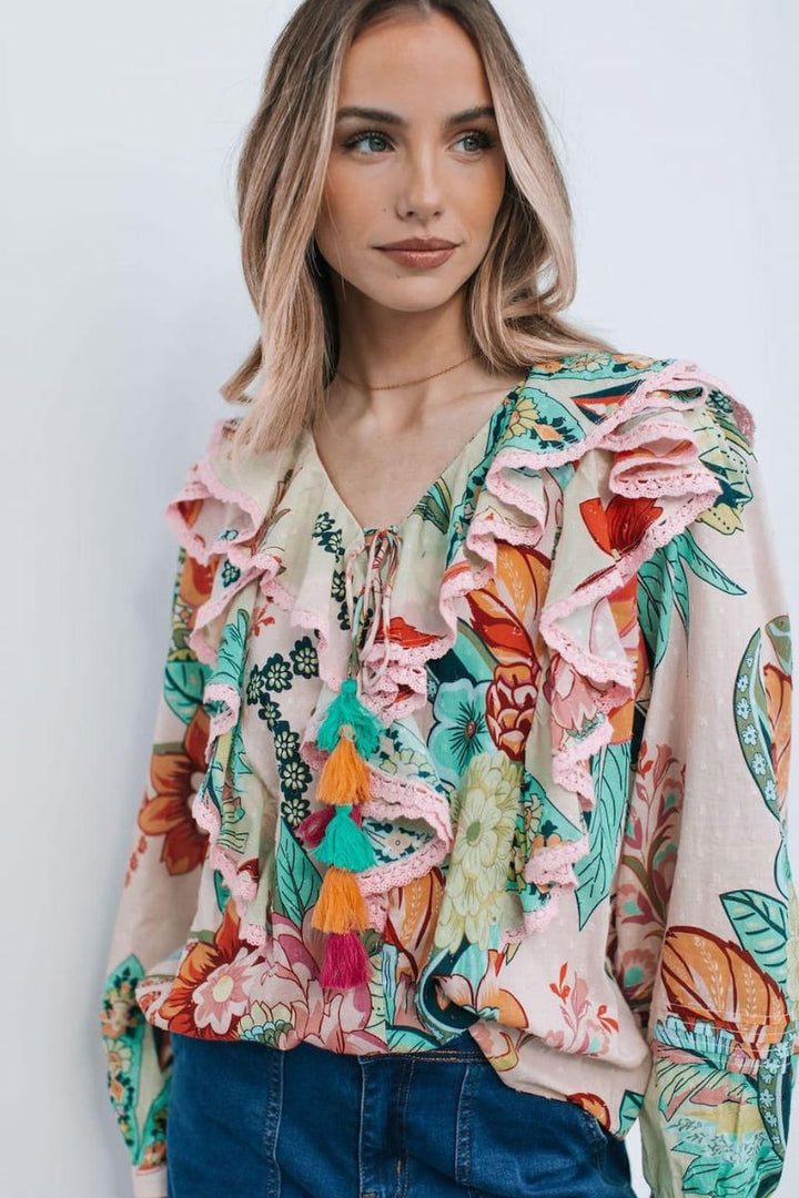 Weekends St Tropez Ruffle cotton top in 8 / Floral