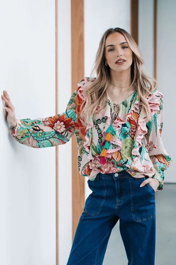 Weekends St Tropez Ruffle cotton top in 8 / Floral