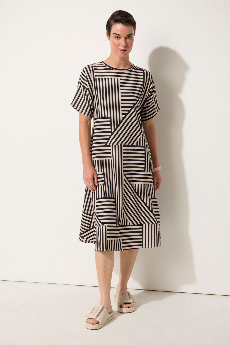 Spliced Stripe dress in stone and black YTMP9341 by Marco Polo