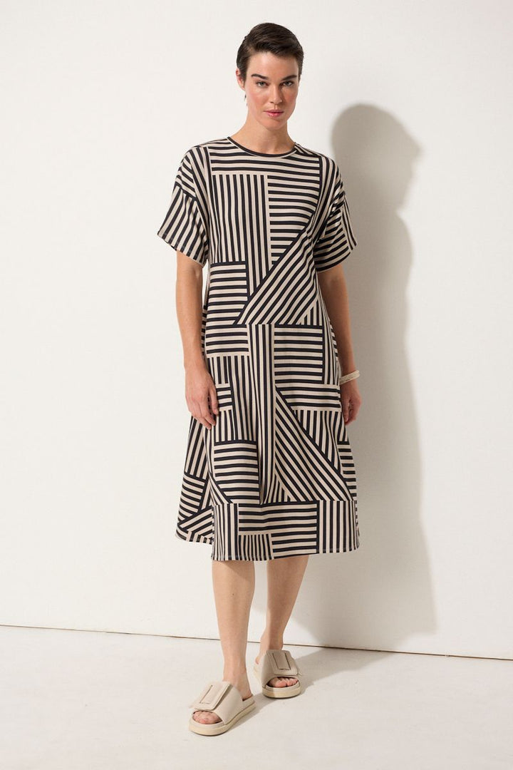 Spliced Stripe dress in stone and black YTMP9341 by Marco Polo in Black / XS