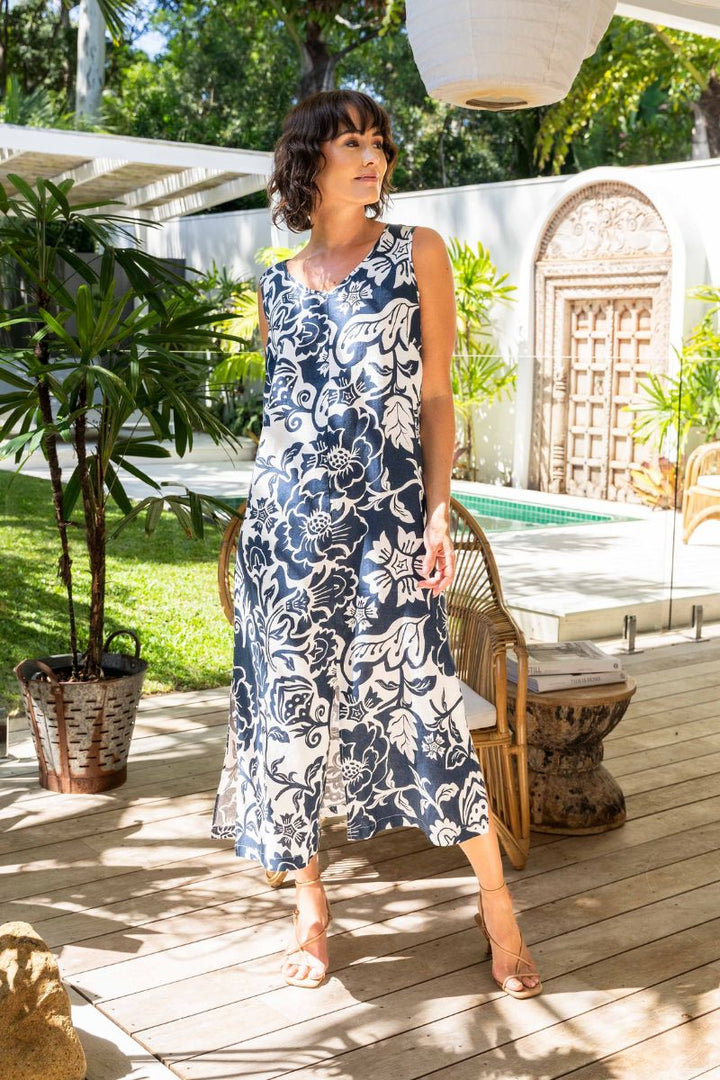 Vine Print Linen Maxi Dress in Navy by See Saw in Print / 8