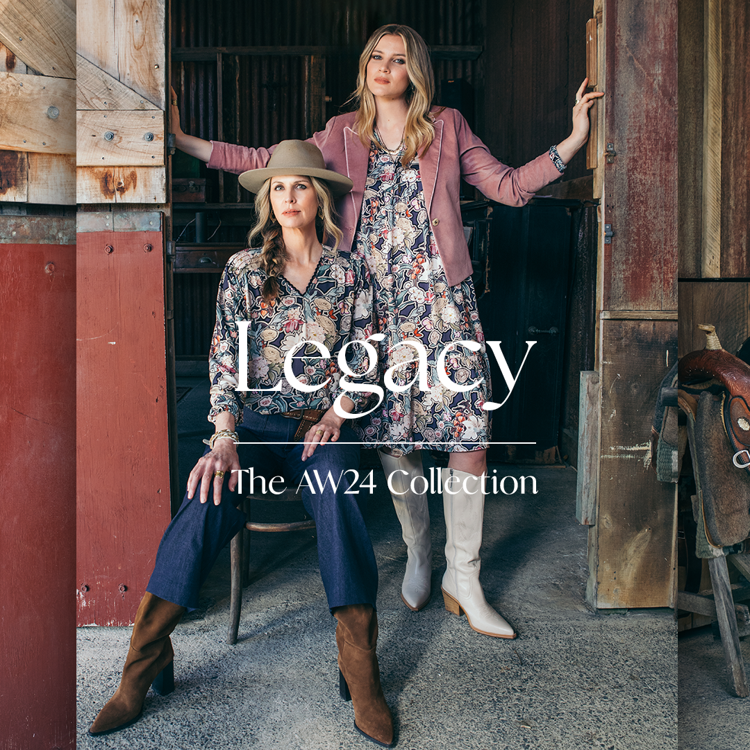 Legacy Collection By Loobie's story Two Women wearing Legacy Style Dress and Blouse with Dark Musk Edith Jacket and Indigo Denim Ursula Pant