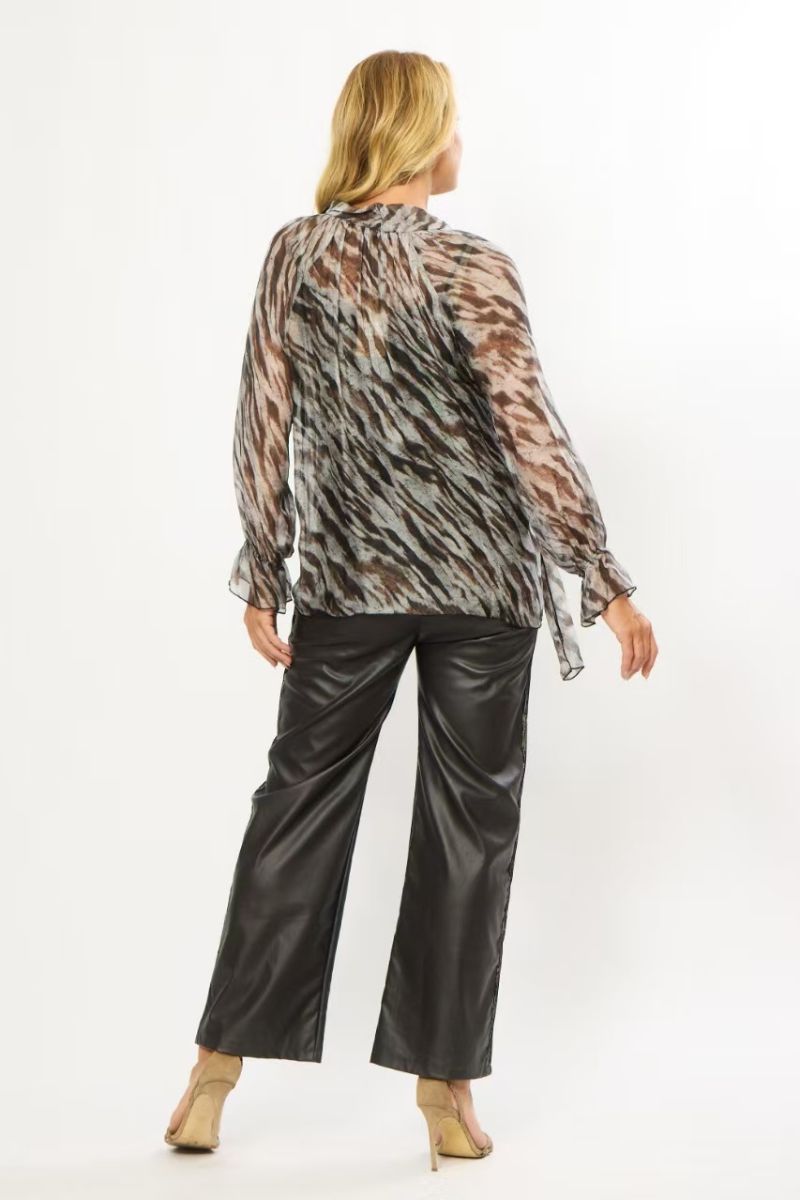 Woman wearing La Strada LSS26-91-402 Bowtie Collar Shirt in Multi Jean Brown Print back view
