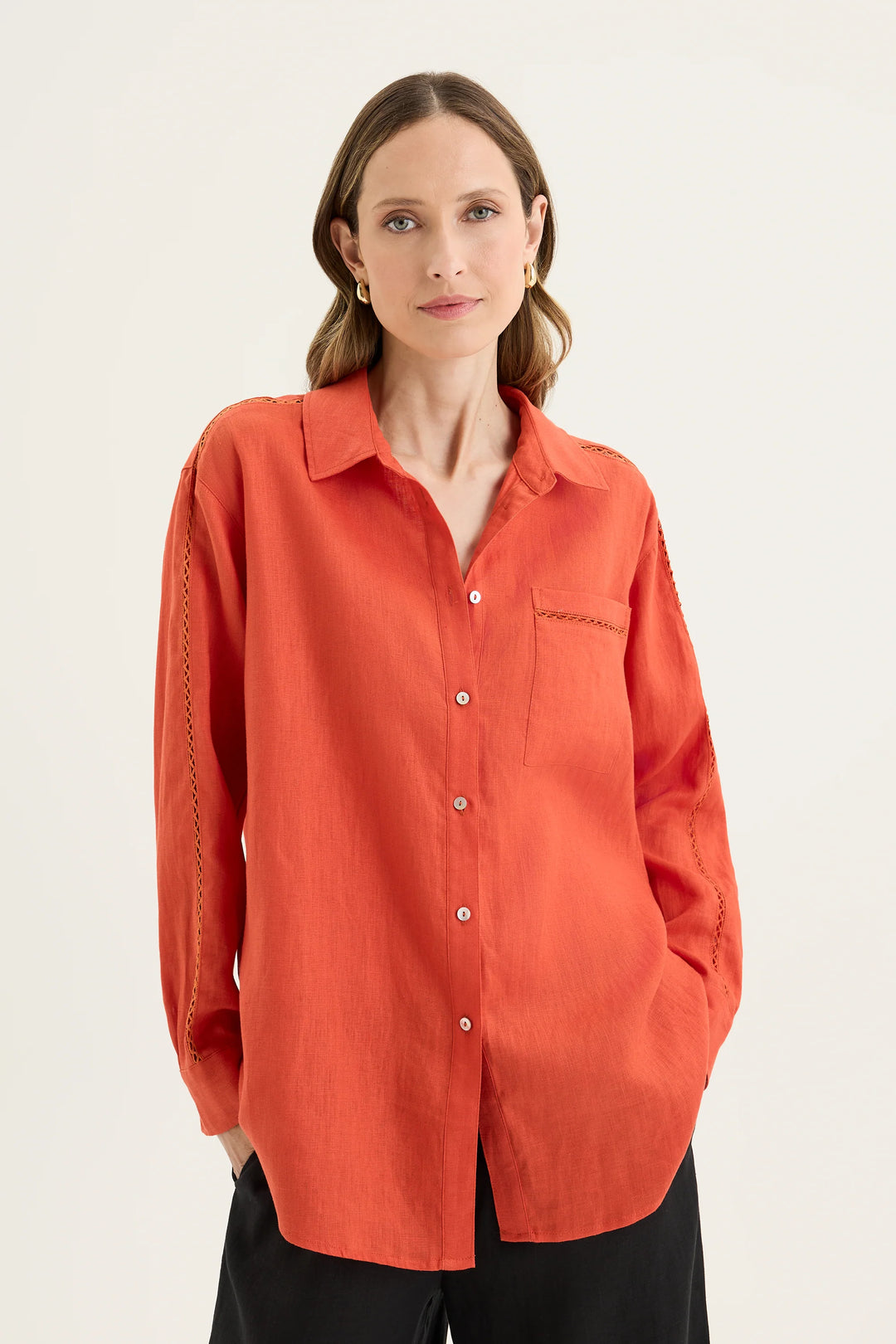 Front view of woman wearing Yarra Trail Tirari Shirt in Volcanic YTWN4277