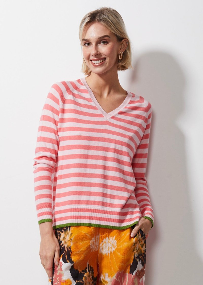 Zaket & Plover v neck striped jumper with green trim ZP6620