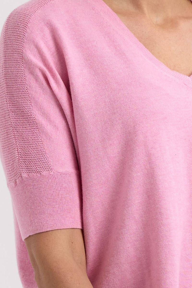 Close-up of a pink sweater with a plain background