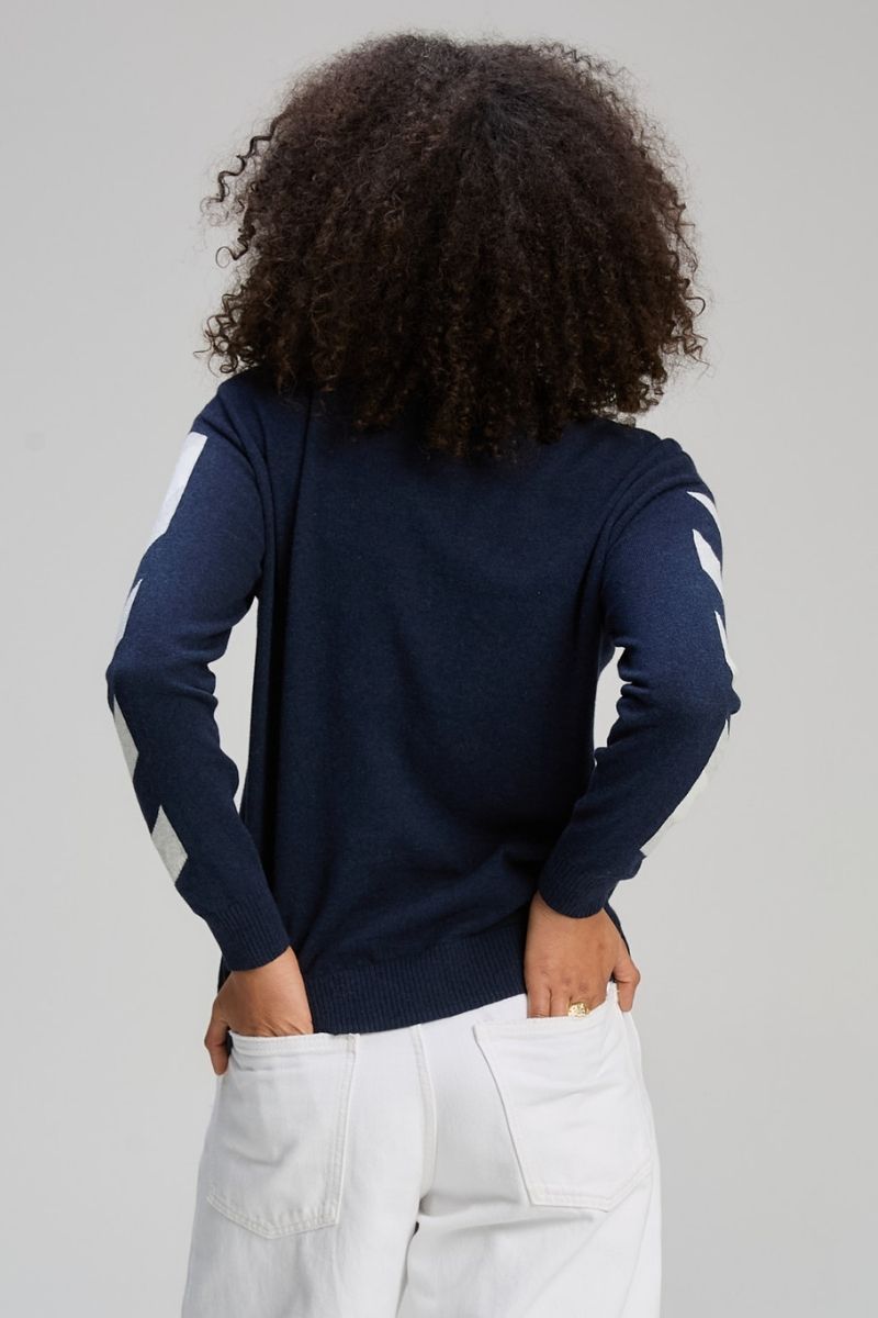 Woman wearing Zaket & Plover dark denim jumper ZP8105 back view