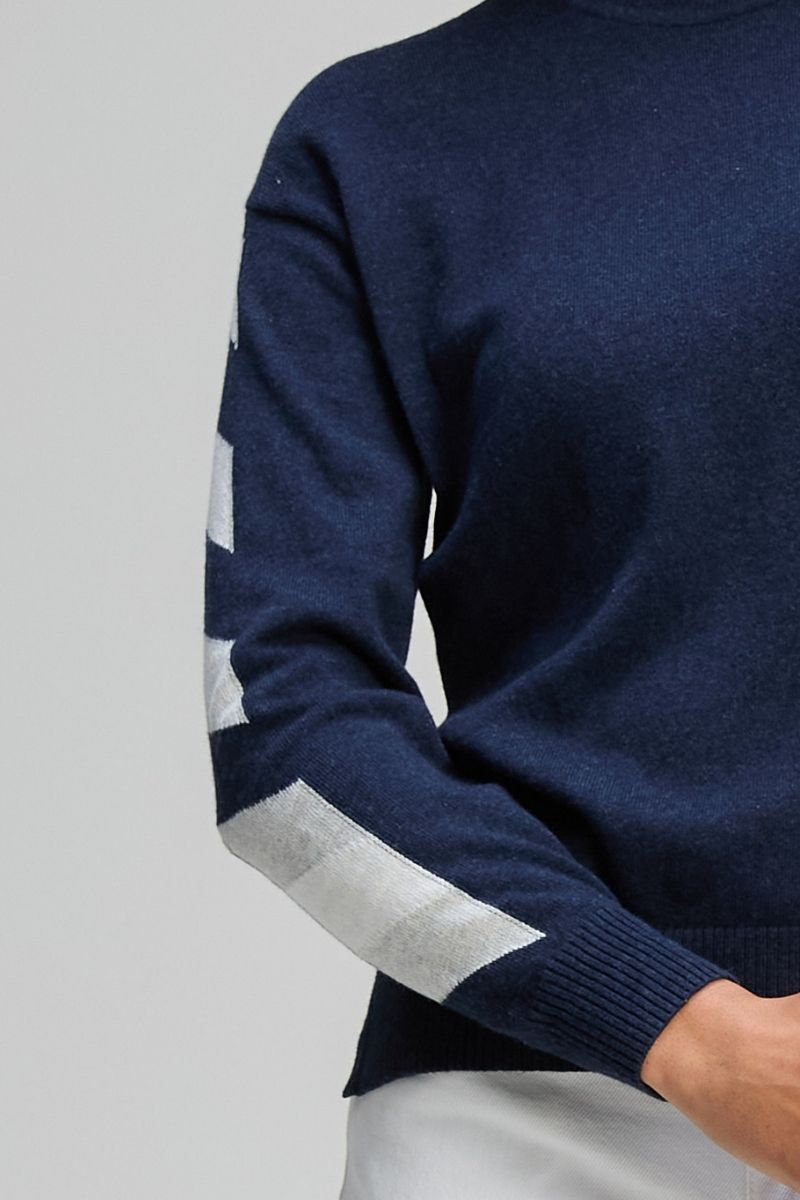 Woman wearing Zaket & Plover ZP8105 jumper sleeve stripe detail