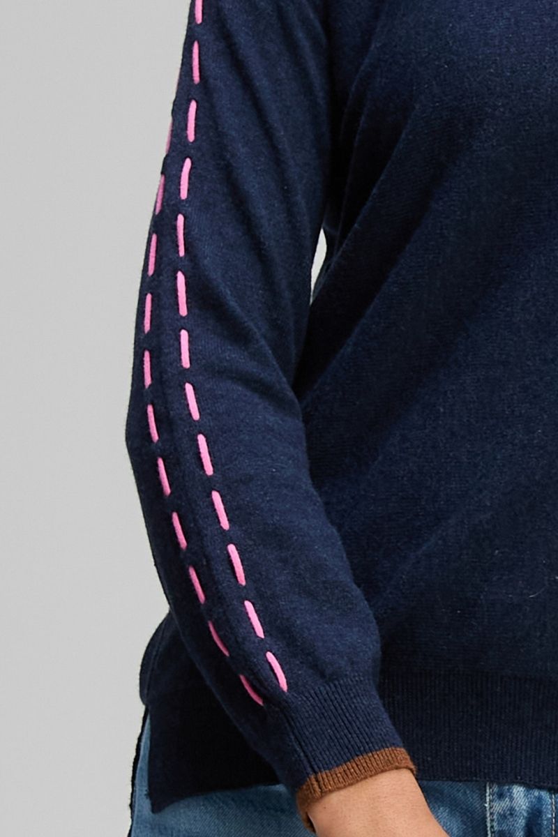 Woman wearing Zaket & Plover Threaded Sleeve Jumper ZP8123 in Dark Denim close up sleeve