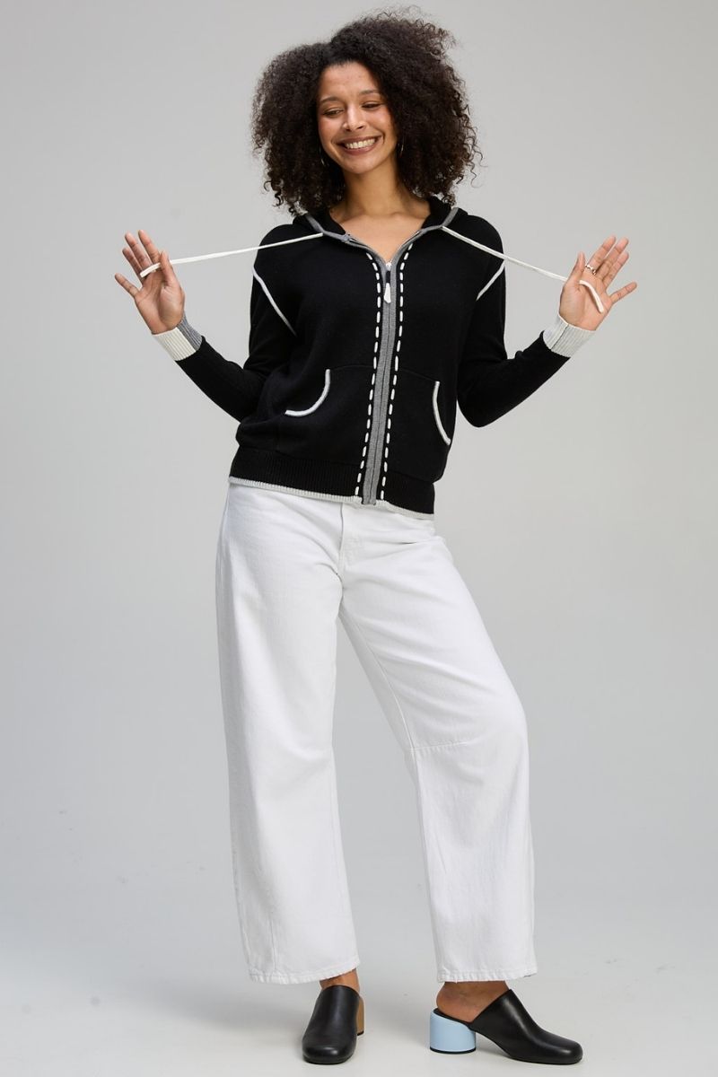 Woman wearing Threaded Hoodie in Black by Zaket & Plover ZP8128 full length styling