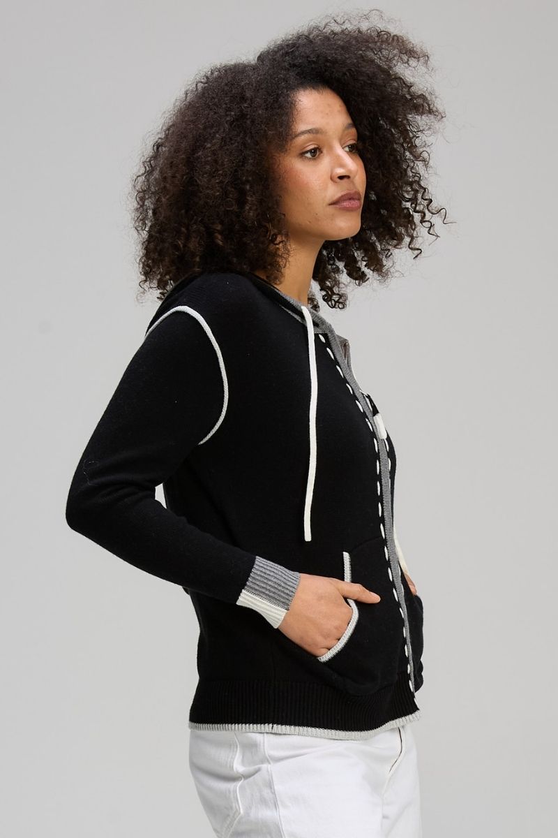 Woman wearing Threaded Hoodie in Black by Zaket & Plover ZP8128 side view