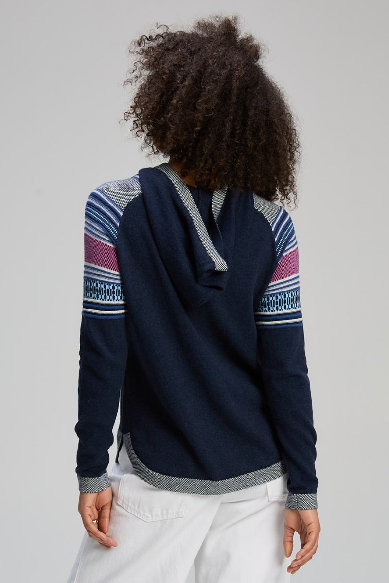 Woman wearing Apres Hoodie in Dark Denim by Zaket & Plover ZP8129 back view