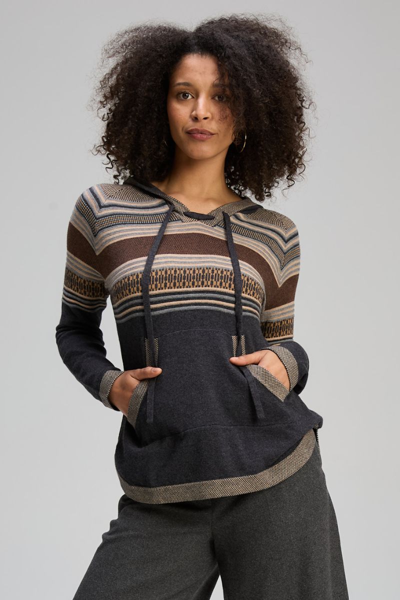 Woman wearing Apres Hoodie in Charcoal by Zaket & Plover ZP8129 detail view