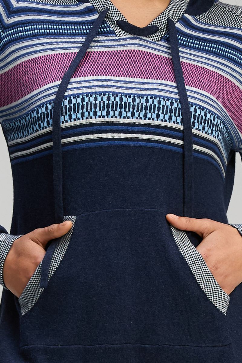 Woman wearing Apres Hoodie in Dark Denim by Zaket & Plover ZP8129 detail view