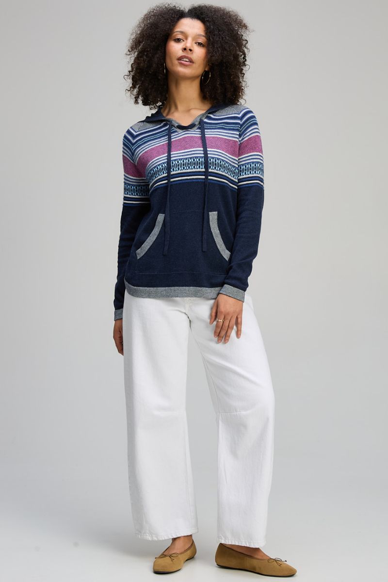 Woman wearing Apres Hoodie in Dark Denim by Zaket & Plover ZP8129 detail view