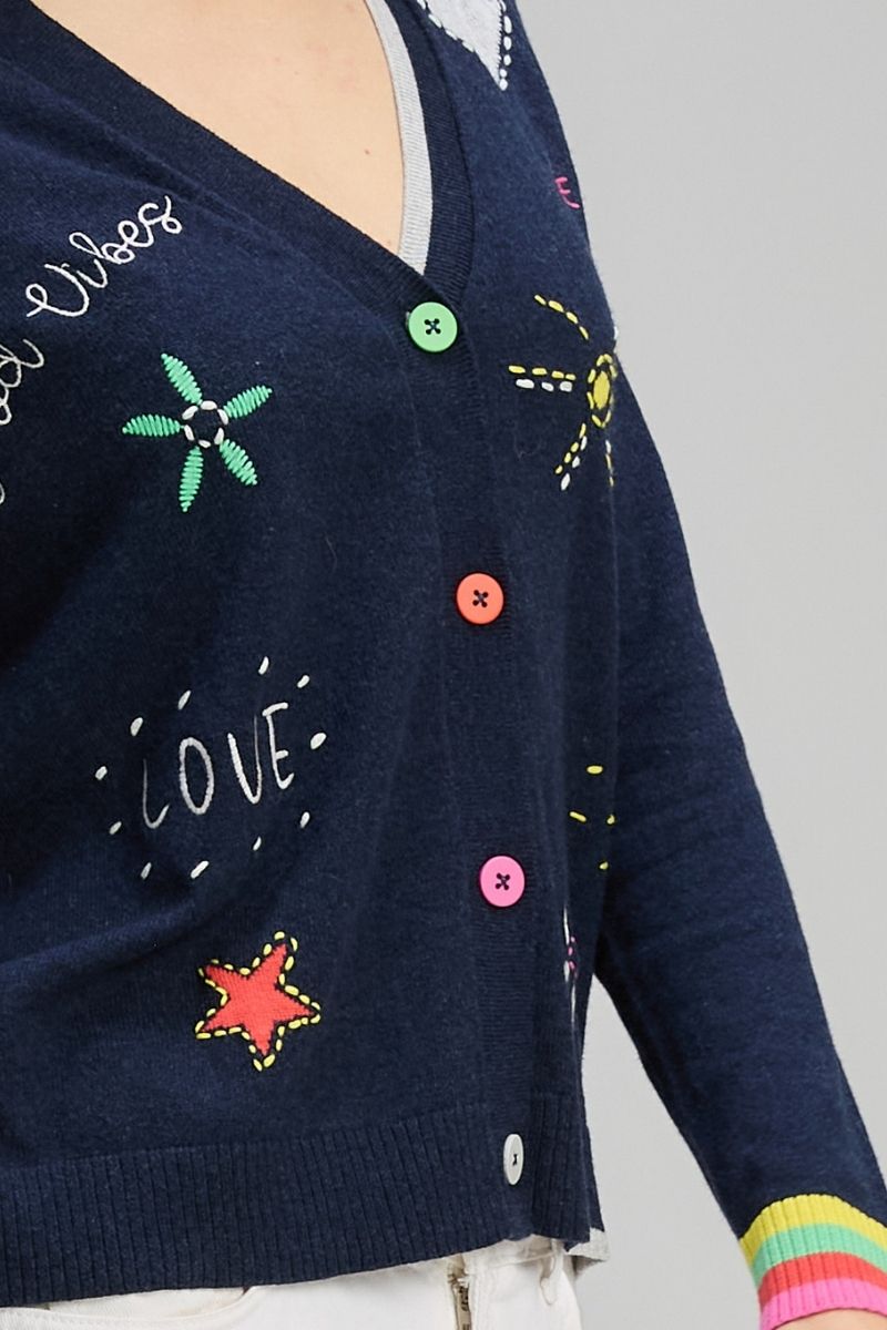 Woman wearing Good Energy Cardigan in Dark Denim by Zaket & Plover ZP8130 close up