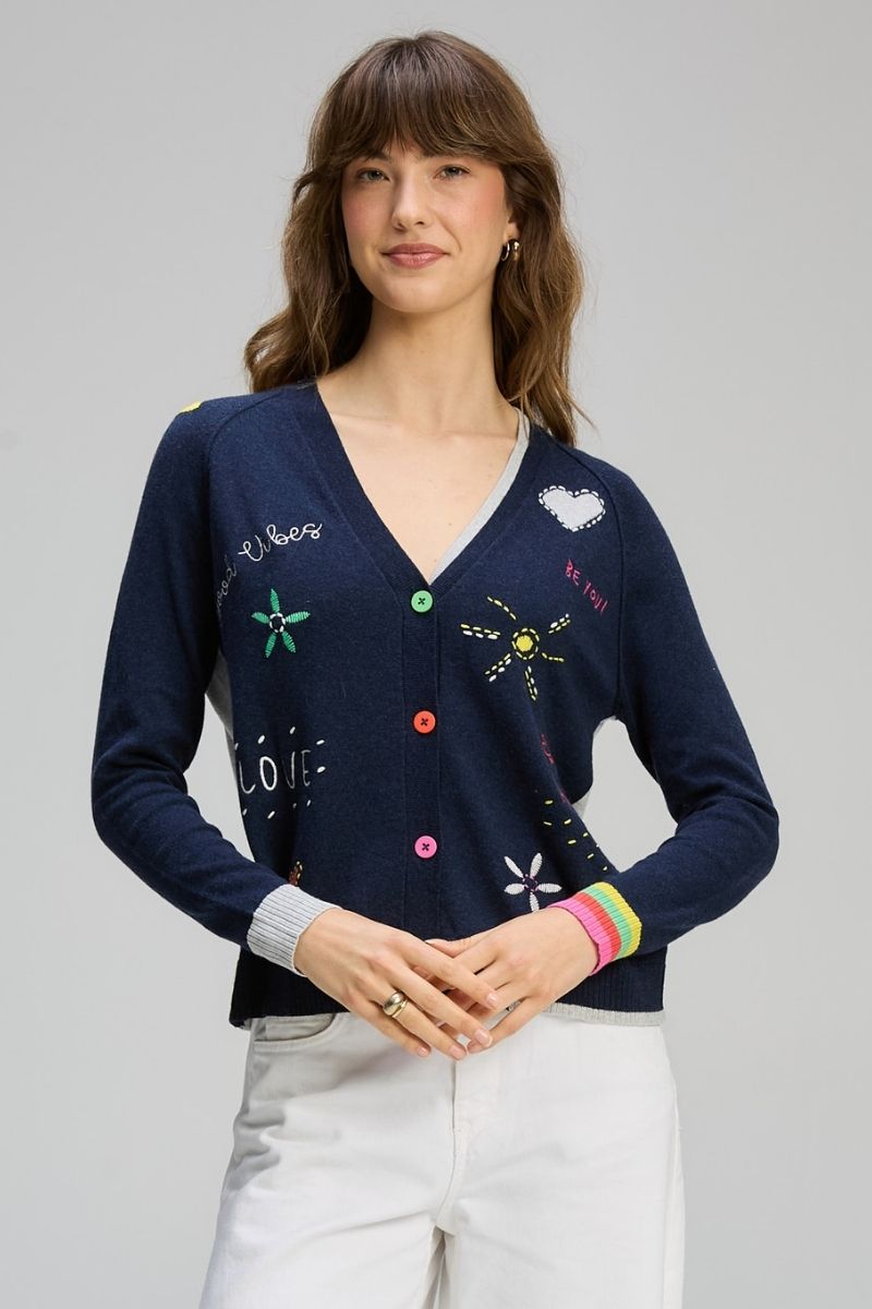 Woman wearing Good Energy Cardigan in Dark Denim by Zaket & Plover ZP8130 front view