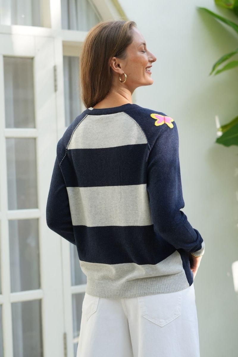 Woman wearing Good Energy Cardigan in Dark Denim by Zaket & Plover ZP8130 back view