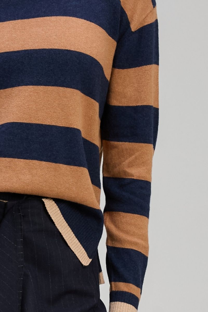 Woman wearing Stripe Clash Jumper in Dark Denim by Zaket & Plover ZP8133 stripe detail