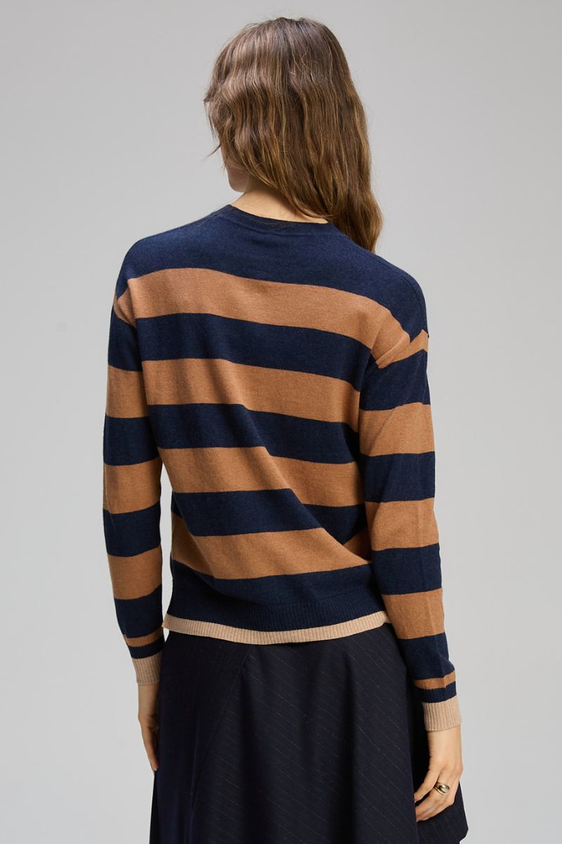 Woman wearing Stripe Clash Jumper in Dark Denim by Zaket & Plover ZP8133 back view