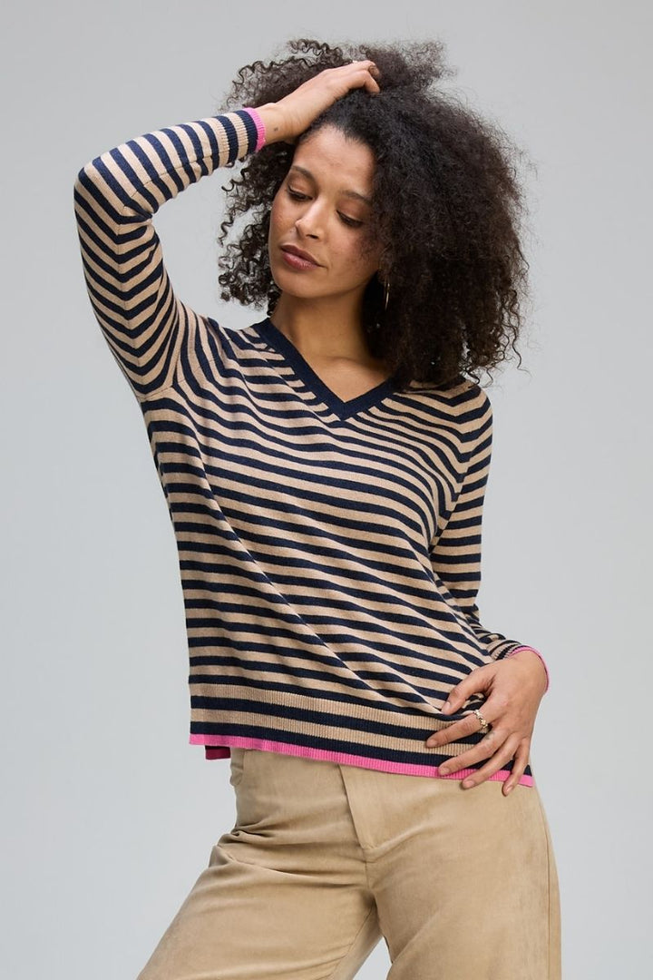 Striped V Essential in Navy & Camel by Zaket & Plover in Dark Blue Denim / XS