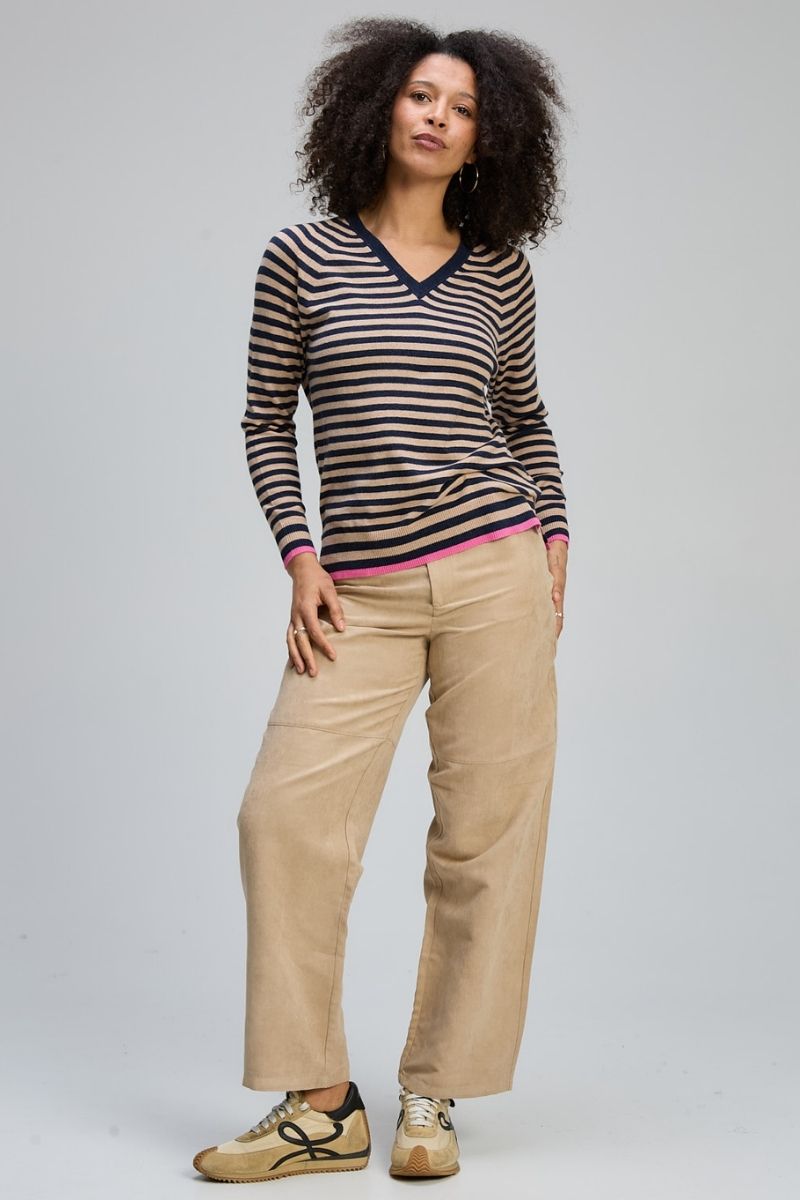 Woman wearing Striped V Essential in Navy & Camel by Zaket & Plover ZP8142 stripe detail