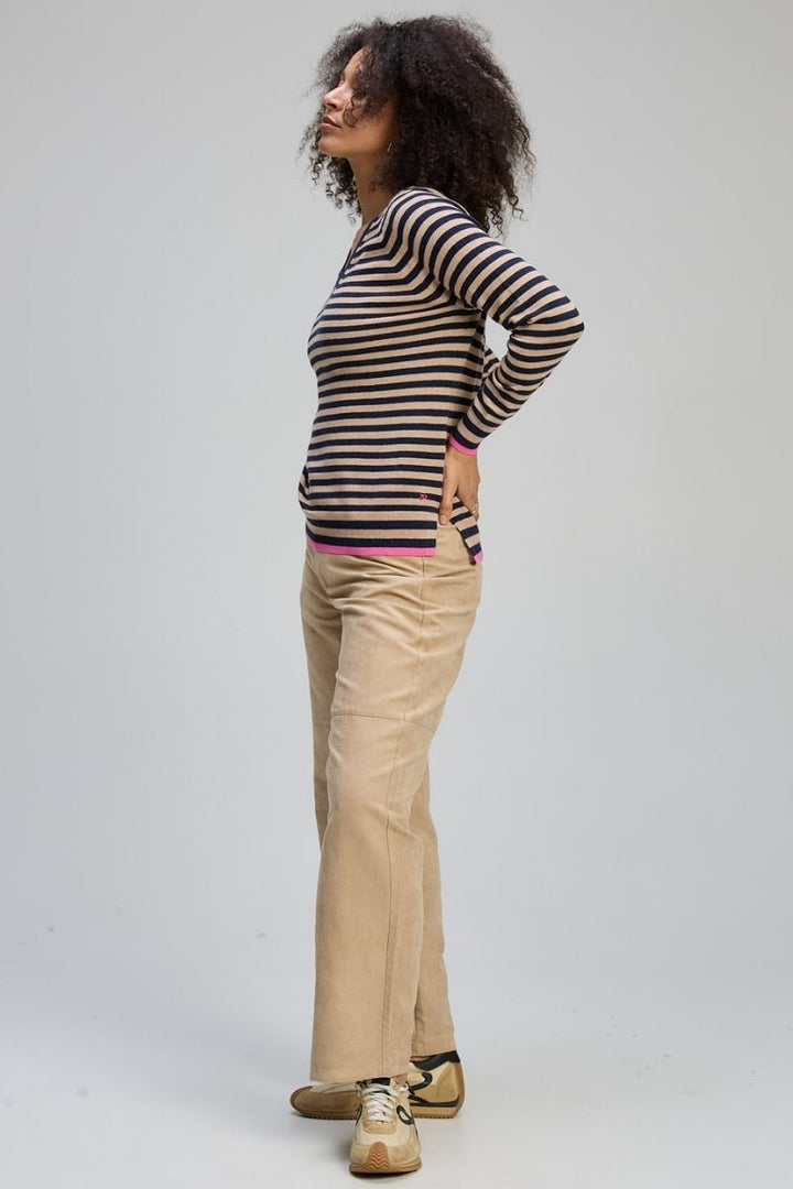 Striped V Essential in Navy & Camel by Zaket & Plover in Dark Blue Denim / XS