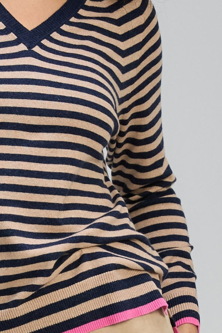 Striped V Essential in Navy & Camel by Zaket & Plover in Dark Blue Denim / XS