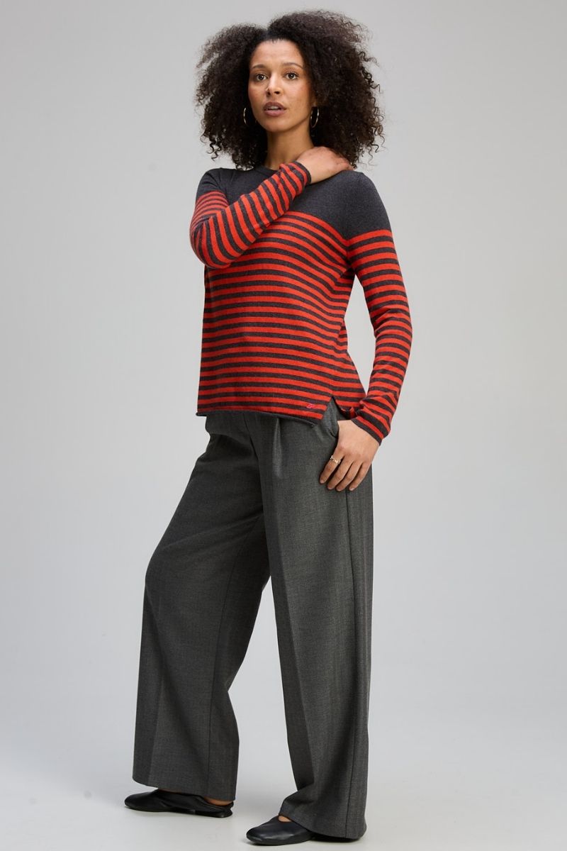 Woman wearing Detail Stripe Crew in Charcoal by Zaket & Plover ZP8143 side view