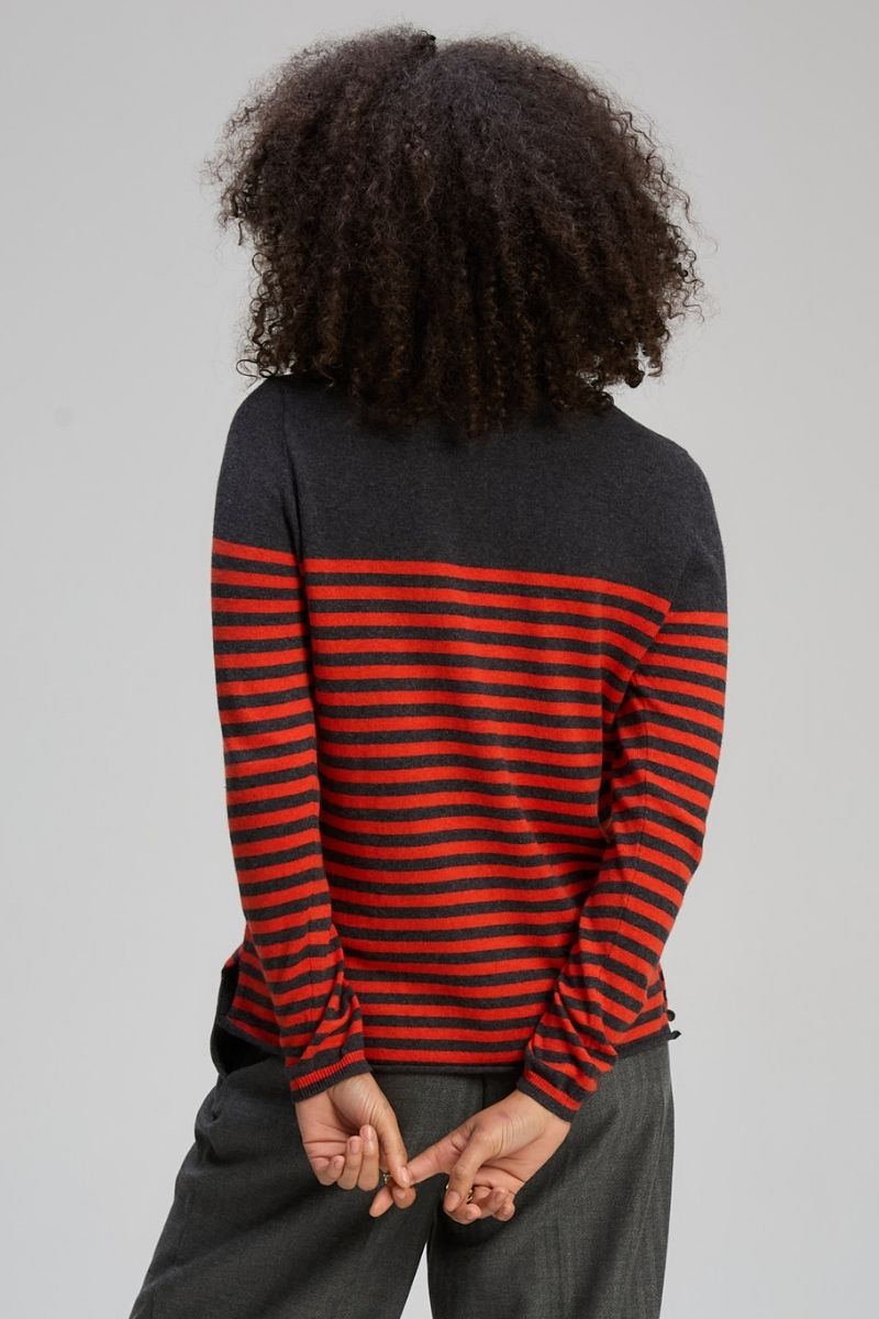 Woman wearing Detail Stripe Crew in Charcoal by Zaket & Plover ZP8143 back view